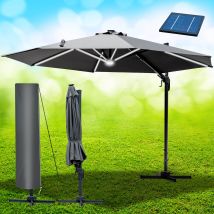 Brast Alu Sonnenschirm Ampelschirm Ø360cm Grau + Leds & Schützhülle Uv-schutz 80+ Wasserabweisend Mit Kurbelvorrichtung Drehbar Schwenkbar & 