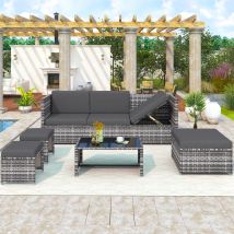 Modernluxe - Rattan Garden Furniture Set 6 Seater Rattan Sofa Set, Outdoor Sun Lounger With Adjustable Angle, Glass Top Coffee Table