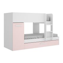 Dekit - Letto A Castello Con Cassetto Letto A Scomparsa E Contenitori 3 X 90 X 190 Cm Bianco, Naturale E Rosa - Anthony