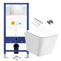 Gloss White Rimless Compact Square Wall Hung Toilet With 1.10m Concealed Cistern Frame Set - Chrome Plate