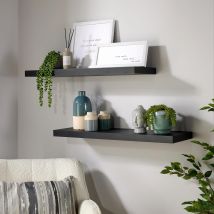 Pair Floating Wall Mounted Storage Shelf Wooden 80cm Dvd Bookshelves Matt Black
