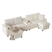 Meubles Cosy U-shaped Corduroy Sofa With 2 Storage Ottomans, Side Table, Usb & Power Charging Ports, Beige