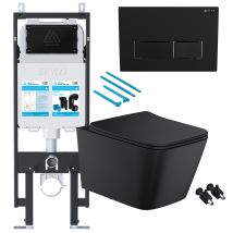 Fnx Bathrooms - Matt Black Rimless Square Wall Hung Toilet With 1.14m Concealed Cistern Frame Set