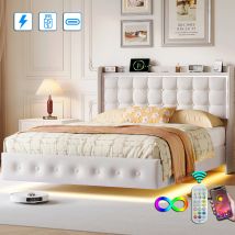 Lit Capitonnée 140x200 Cm, Lit Double, Lumière Led Et Port Usb Lit Avec Tête De Lit Et Sommier À Lattes Lit Adulte/ado Tissu De Velours - Blanc