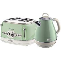 Breakfast Pack Arpk20 Retro Style Jug Kettle And 4 Slice Toaster Set, Vintage Design, Green - Ariete