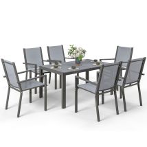 Set De Mesa Y Sillas Jardín Apilables Marco Acero Terraza Patio Gris Claro 6 Sillas