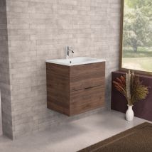 Inda - Badezimmerschrank B.60 Mit Mattiertem Waschbecken / Braune Eiche 2 Schubladen - Topazio