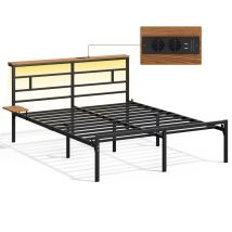Yaheetech Letto 160 × 200 Cm In Metallo, Letto Matrimoniale Con Illuminazione A Led E Stazione Di Ricarica, Struttura Letto Con Testiera In Legno E 