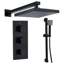 Gravity Bathrooms - Square Twin Head Wall Concealed Thermostatic Shower Valve Set With Riser Kit - Black