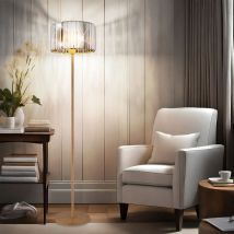 Nowa - Lampadaire Aspect Bois Lampadaire Cristaux Lampe De Salon Lampe D'Appoint, Métal, Douille E27, Dxh 35x150 Cm