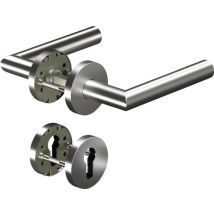 Drückergarnitur CORE+8906 aus Edelstahl – 8 mm Vierkant – 70 mm Höhe – 135 mm Drückerlänge – 55 mm Rosetten-Ø – 20 mm Drücker-Ø – 730 g