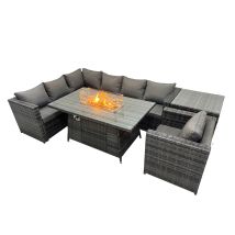 Fimous Rattan Garden Furniture Dining Set 7-seater Gas Firepit Dining Table Corner Sofa Set With Side Table Dark Grey Mixed
