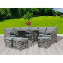 Birchtree - Rattan Furniture Set Sofa Chair Foot Stool Table Glass Coffee Table 9 Seater Cushion Outdoor Patio Grey