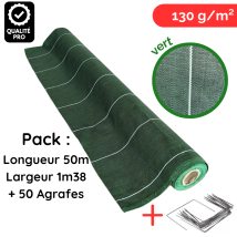 Toile De Paillage Avec Agrafes Longueur 50m Largeur 1,38m Anti Mauvaises Herbes Coloris Vert 130gr M2 Zenlys Tissée Pack Lot
