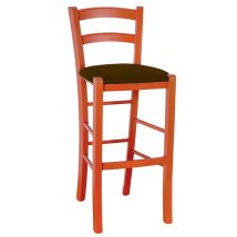 Rustikaler Hoher Hocker Aus Orangefarbenem Holz, H 73 Cm, Mit Braunem Kunstledersitz
