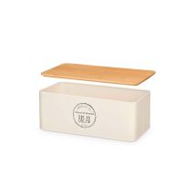 Panera rectangular de metal crema con tapa de bambú – Ideal para mantener el pan fresco – Accesorio de cocina