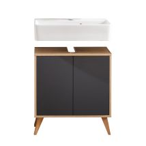 Fackelmann Finn Badmöbel Set 3 Teile / Waschbecken / Waschbeckenunterschrank / 4 Holzfüße / Badschrank Mit Push-to-open / Korpus & Front: Schwarz / 