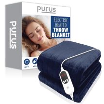 Purus Navy Xl Heated Throw Electric Blanket 180 X 130cm Micro Fleece 9 Heat Settings 12 Hour Timer