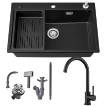 Cecipa Max - Fregadero De Granito De 70×45 Cm + Grifo De Cocina, Fregadero De Encimera Con Escurridor Y Dispensador De Jabón