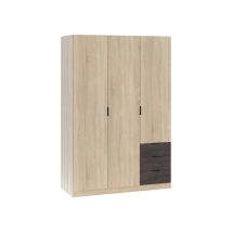 Guardaroba, Armadio Per Camera Da Letto A 3 Ante E 3 Cassetti, Mobile Con Barra Appendiabiti E 3 Ripiani, Cm 121x52h180, Rovere E Ossido