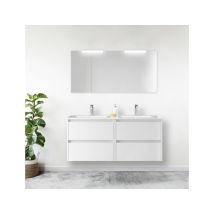 Caesaroo - Meuble De Salle De Bain Suspendu 120 Cm En Bois Blanc Brillant Avec Vasque Intégrée - Nova - Avec Miroir Et Double Lampe Led