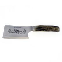 Ascia Muela, Modello Hc-13a. Ascia Con Manico In Corno Di Cervo E Tacco Inossidabile. Lama In Acciaio Mova Con 16 Cm. Include Fodero In Pelle Marrone 