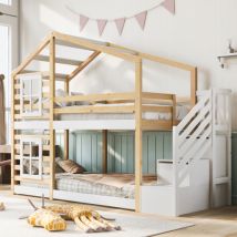 Kinderbett Baumhaus Mit Leiter , Hochbett Für Kinder– 2x Lattenrost- Natur & Weiß