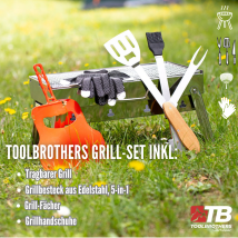 Toolbrothers - Outdoor Portable Charbon De Bois Inox Grill Set Pour Le Camping Montage Sans Outils 43 X 29 X 23 Cm Argent + Couverts De Grill , Gants 