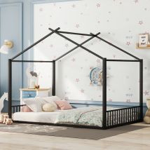 Cama Plana De 140 X 200 Cm, Cama De Estructura De Hierro, Cama Infantil, Barandilla Con Forma De Casa, Negra
