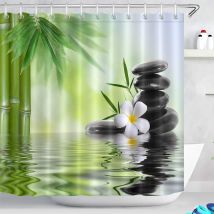 Cortina De Ducha Spa Con Ganchos, 180 X 180 Cm, Piedras Negras, Orquídeas, Bambú, Estampado De Agua, Resistente Al Agua, Antimoho, Lavable, Tejido De 