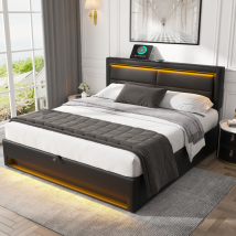 Lit Adulte - 140 X 200 Cm, Avec Sommier À Lattes, Lampe Led Réglable Et Port De Chargement Usb, Espace De Rangement Sous Le Lit, Noir