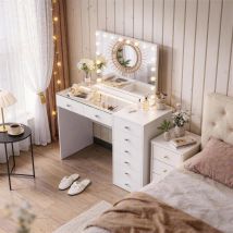 Fenchilin Coiffeuse Avec Éclairage Led, Luminosité Réglable, 8 Tiroirs, 120 X 81 X 55 Cm,miroir De Courtoisie Inclus, Blanc
