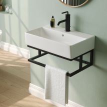 Deervalley Hänge-handwaschbecken Waschbecken Mit Schwarzer Handtuchstange – Weißes Rechteckdesign (ca. 56 × 36 Cm) Mit Einhandloch