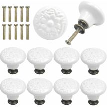 Xvx 10 Pezzi Pomelli Per Cassetti In Ceramica, Maniglie Rotonde Per Mobili, Incisione Vintage Con Viti - Bianco