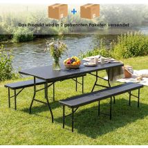 Picknick-campingtisch- Und Bankset, Gartenmöbel, Bestehend Aus 1 Klapptisch Und 2 Klappbänken - (dunkelgraues Rattan)