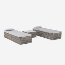 Set 2 Lettini Da Giardino Piscina In Rattan Con Tavolino Da Esterno Bali - Grigio