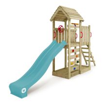 Wickey - Maison Sur Pilotis Structure D'Escalade Joyflyer Avec Toboggan Tour D'Escalade Avec Bac À Sable Échelle & Accessoires De Jeu – Bleu Pastel