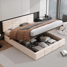 Lit Double - Gutent - 140x200cm - Beige - Tête De Lit Réglable - Structure En Métal