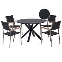 4 Seater Garden Dining Set Outdoor Furniture Aluminium Table Glass Table Top Pe Rattan Chairs Stainless Steel Frame Black Maletto/grosseto