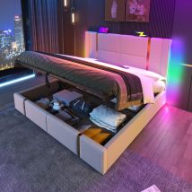 As Easy Lit Double Capitonné, Fonction De Chargement Usb Type C, Contrôle Par Application, Éclairage Led, 160 X 200 Cm, Lit Coffre, Cadre De Lit, 