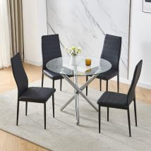 Niceme - 90x90 Round Table And Chairs, Round Glass Table With Chairs, Dining Table Set Of 2/4 (faux Leather, Black, With 4 Chairs)