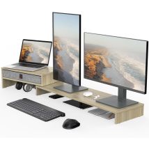 Dual Monitorständer Bildschirmständer Mit Schublade Für Computer Tv Laptop, Monitorständer, Länge Und Winkel Einstellbar,78,3-113x23,5x7,3cm, Eiche - 
