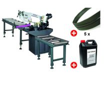 Scie À Ruban Pour Métaux 0-60° Capacité 225 Mm 1,5 Kw 230v Y Compris 2 Convoyeurs 3m 5 Lames De Scie 1 Bidon De 5l Optisaw S275nv Pack 3