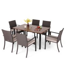 Outdoor Dining Furniture Set 7 Piece, 6 Rattan Chairs And A Rectangular Table With Adjustable Umbrella Hole, Waterproof Cushion Included, Garden Table