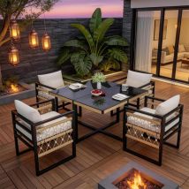Hand-woven Garden Sofa Set For 4 People / Made Of Sturdy Iron With 4 Beige Cushions / Incl. 1 Safety Glass Table & 4 Armchairs / Weather-resistant 