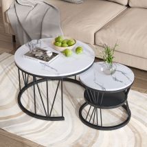 Tavolino Rotondo Da Salotto, Set Di 2 Tavolini Impilabili 70/45 Cm, Tavolini Da Appoggio Con Struttura In Metallo A Forma Di V, Effetto Marmo Bianco, 