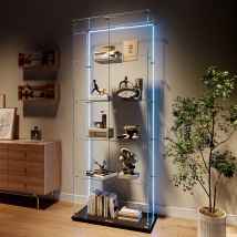 Vitrines En Verre 78.5x34.5x186.5cm, Vitrine Armoire, 5 Étagères, 2 Portes, Lumières Led Réglable, Verre Trempé, Noir