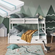 Vitalispa - Letto A Castello Everest, Bianco, 120x200 / 80x200 Cm Con 2 Materassi E 2 Cassetti