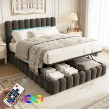 Lit Coffre 140 X 200, Lit 140x200 Avec Sommier, Lit Double Avec Port Usb Et Led, Lit Rembourré Lin Gris, Cadre De Lit Souche D'Arbre