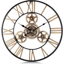 Wall Clock Gears Gold Giant Metal Industrial 50cm Quartz Wall Pendulum Roman Numerals Silent For Living Room Bar Restaurant